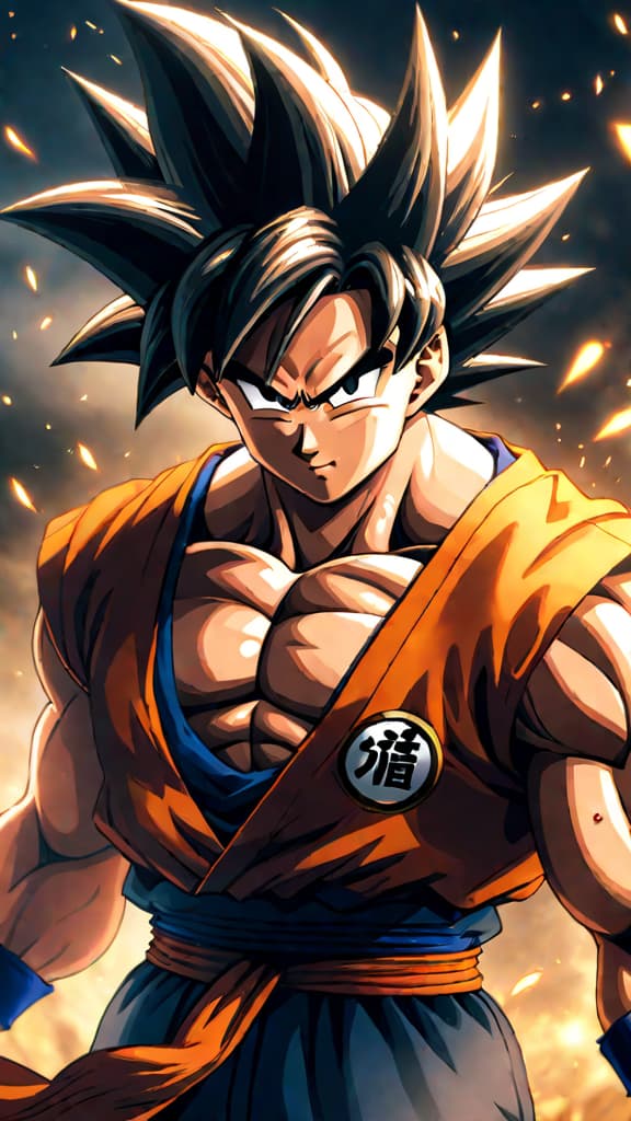  anime art: goku from dragon ball z, power level surges after intense fights, becoming more formidable. hyperrealistic, full body, detailed clothing, highly detailed, cinematic lighting, stunningly beautiful, intricate, sharp focus, f/1. 8, 85mm, (centered image composition), (professionally color graded), ((bright soft diffused light)), volumetric fog, trending on instagram, trending on tumblr, HDR 4K, 8K