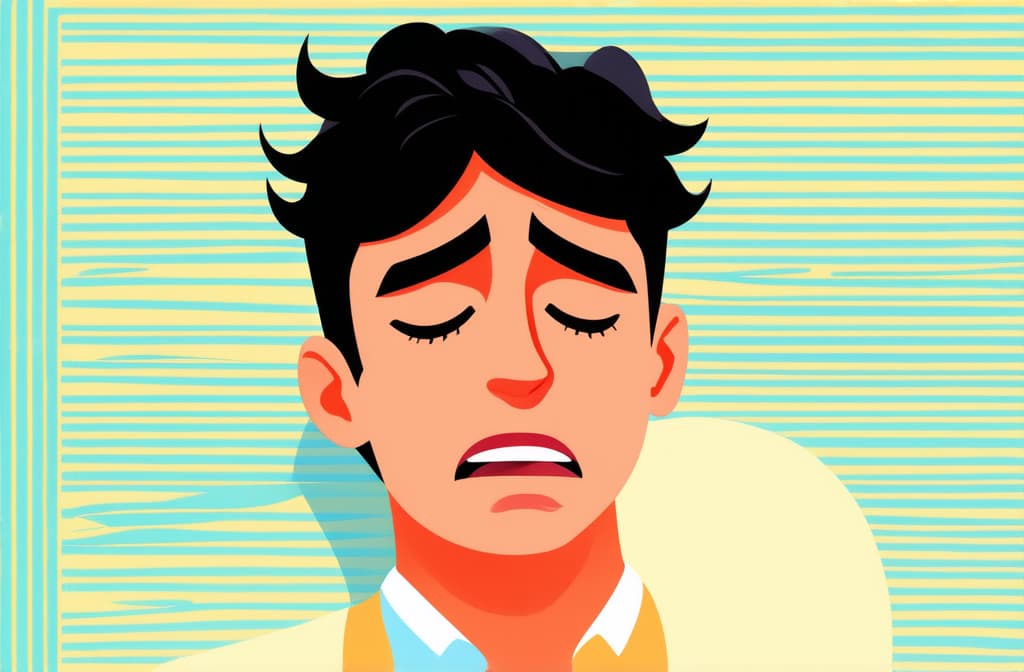  flat illustration, flaticon, (illustration:1.15), young sad man crying, colorful flat illustration. emotional breakdown, closed eyes and closed mouth ar 3:2, [cory loftis, strobist, pascal campion :: 0.2]