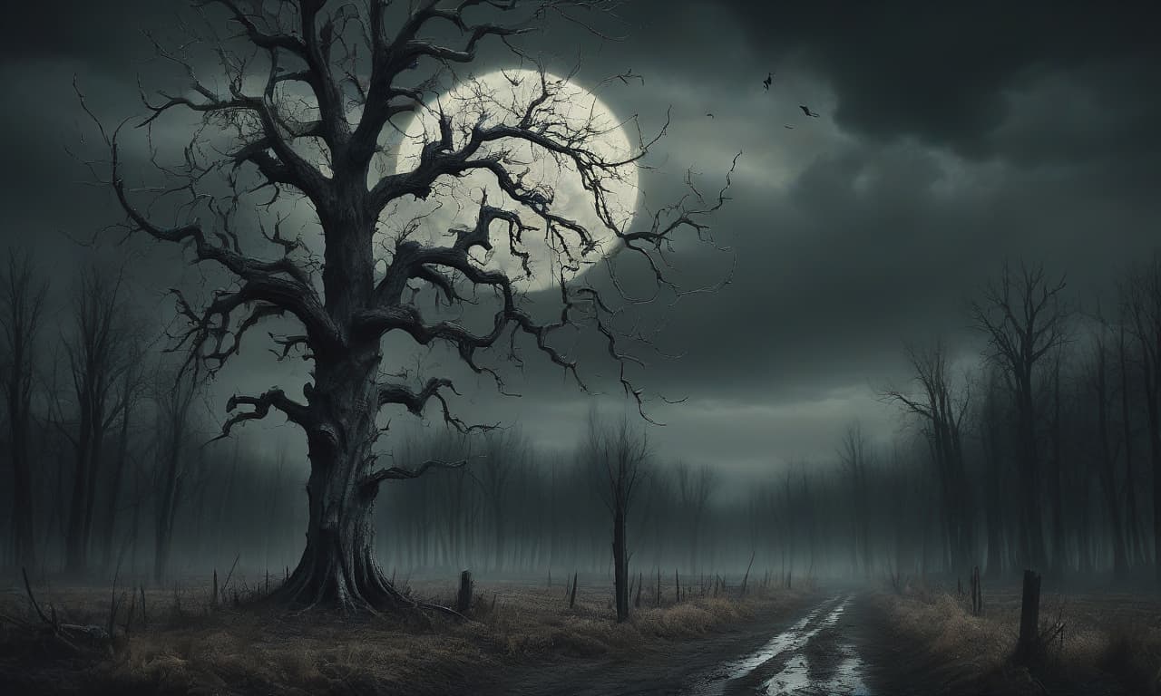  macabre style lonely poplar . dark, gothic, grim, haunting, highly detailed