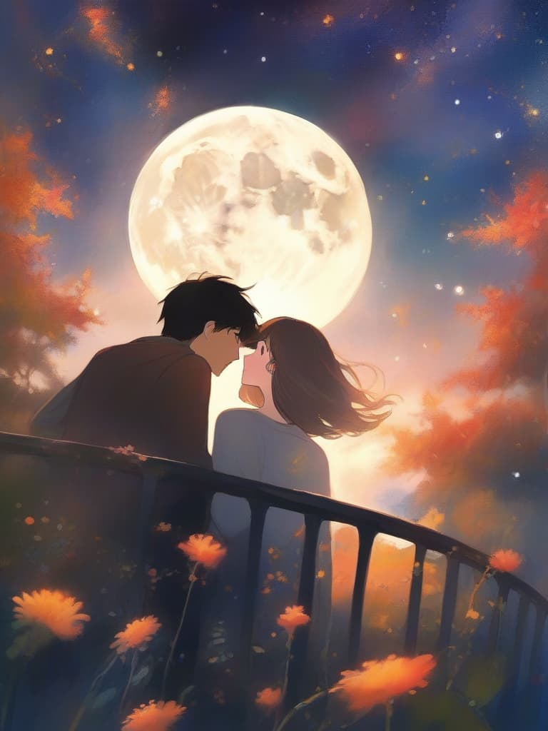  gentle illustration style,masterpiece {male and female couple:1.2}{{beautiful man and woman:1.5}}{gazing at the night sky:1.2}{sad expression}{crescent moon and starry sky}{{foliage scattered at night:1.2}}{high quality,16k,super analysis,absurd{{close up of the upper body}}