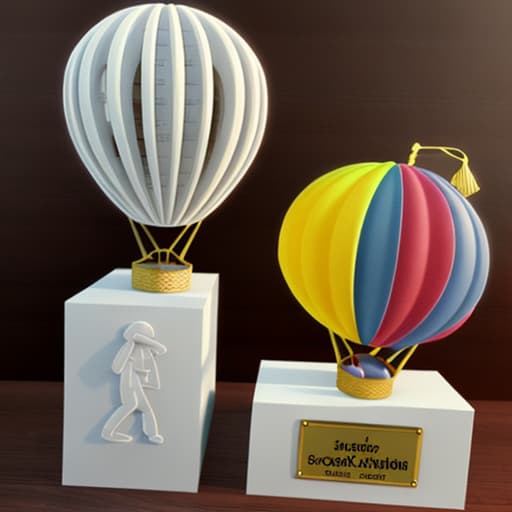  create a cartoon 3d printed trophy containing a a hot air balloon and a graduation cap add random cartoon stuff