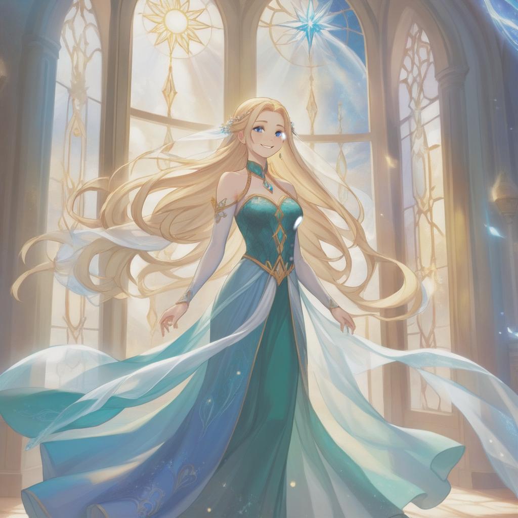  ethereal fantasy concept art of tall woman, blonde, long hair woven into one braid, blue eyes, smiles, looks straight, full height, emerald dress, white veil, one in the room, window through which the sun shines . magnificent, celestial, ethereal, painterly, epic, majestic, magical, fantasy art, cover art, dreamy