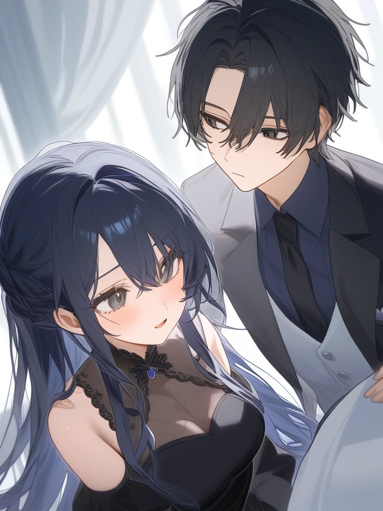  the young lady and the butler(1girl,1boy),boy is black hair and black eyes,girl is black and long hair