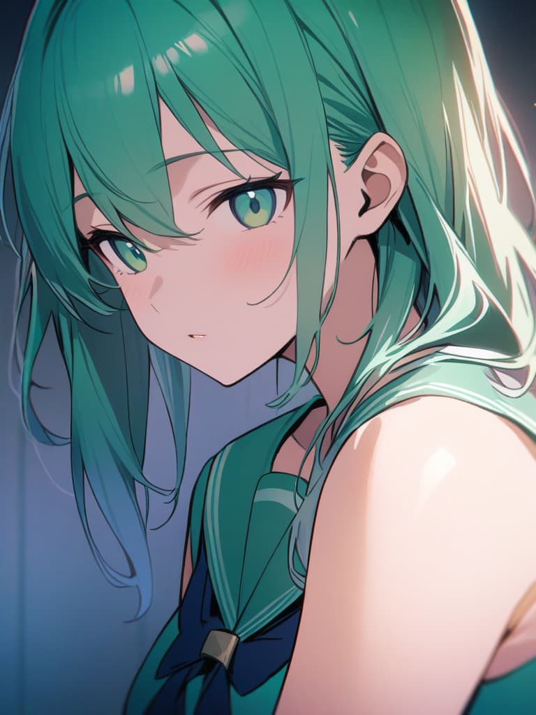  mint colored sailor suit, mint color hair, close up, masterpiece