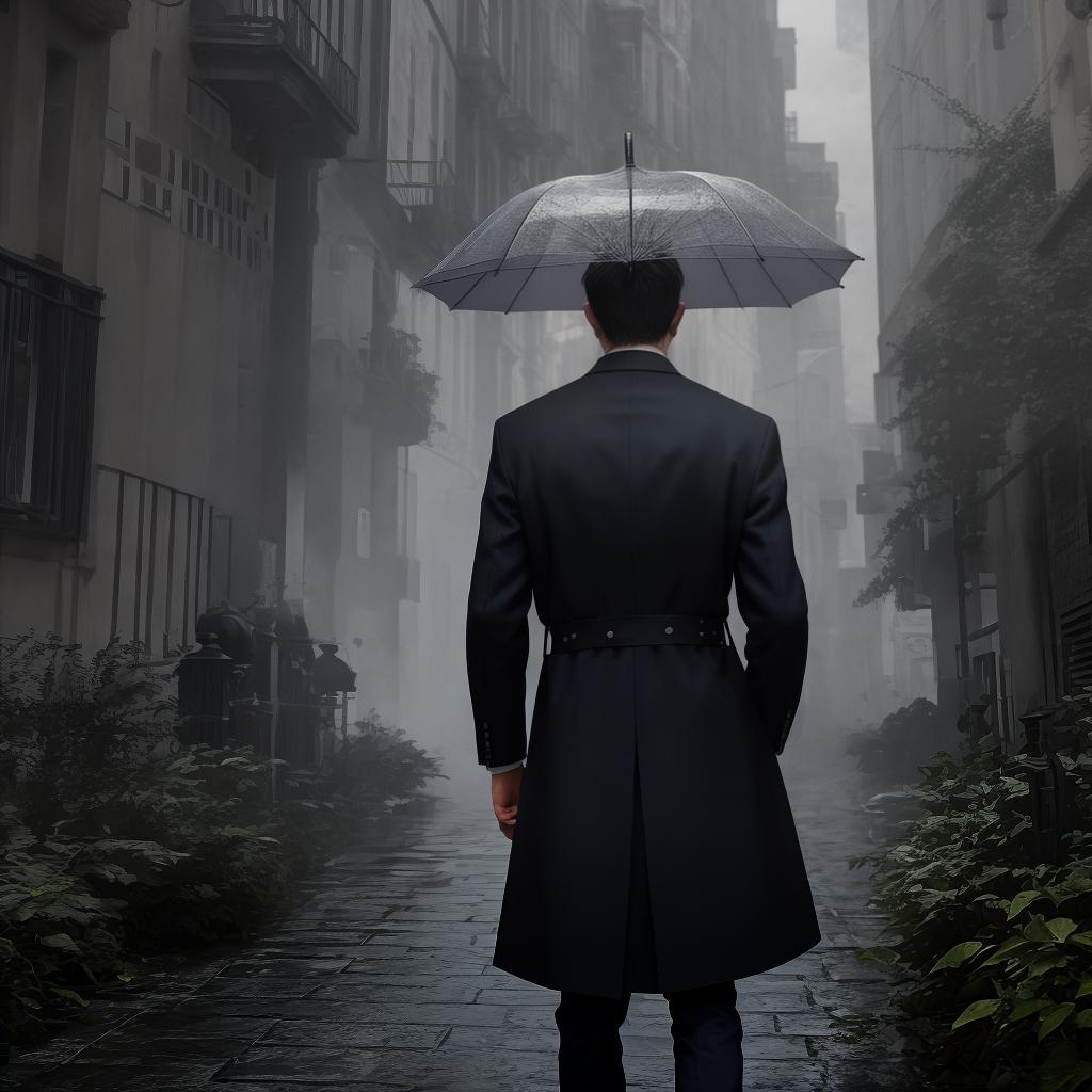  man in the distance with his back to one hand holding an umbrella face leaning slightly to the left ambient dark