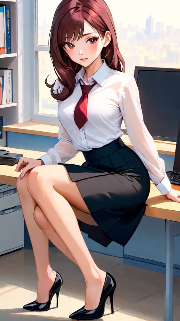  Office women, black skirt, black, high heels, white shirt