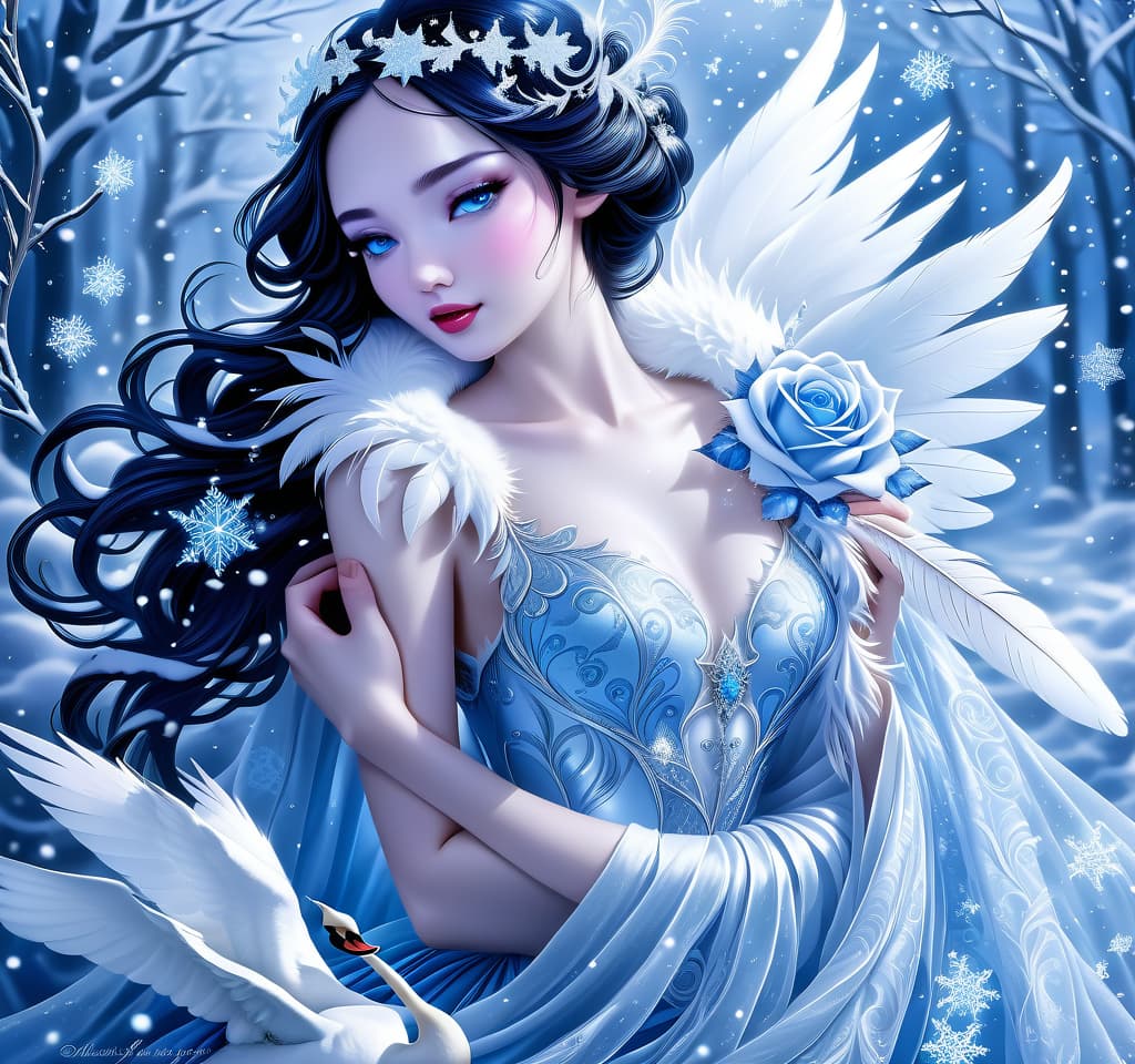  dreamscape thy name is (kiss the snow1,2) . ((key, (ice, blue1,6 sip)) ((blue eyed)) i've been jinxed ((snow singer1,8) . ((snow swan)) ((the snow swan)) feathers at my feet.( feathers flutter and slowly sink into the snow). (snow white swan): the head and body are creamy white with a silvery tint. wings of white blue colour from snowflakes (roses): light blue colour with leaves from ice crystals. background:soft blue with delicate patterns of falling snow and curls of blizzards, ice patterns on water.(style):fantasy, romantic art, silver age poetry, 19th century, dedication. . surreal, ethereal, dreamy, mysterious, fantasy, highly detailed, civitai, hkmagic