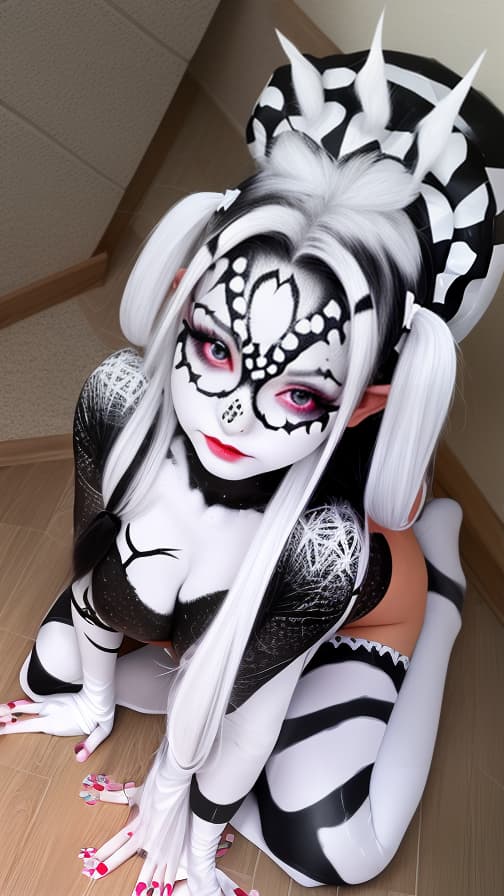  Black and White Spider-patterned body paint in every corner of the whole body, full-body, silver body paint, White face paint on the face,Dark elfs 女性