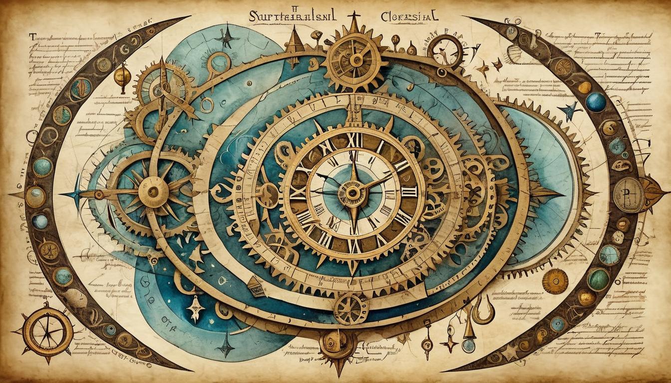  on parchment, surrealism+++, a celestial clockwork, divine gears turning, symbols and signs of destiny, intricate and luminous, foretelling future plans(mysterious, provocative, symbolic,muted color)+++