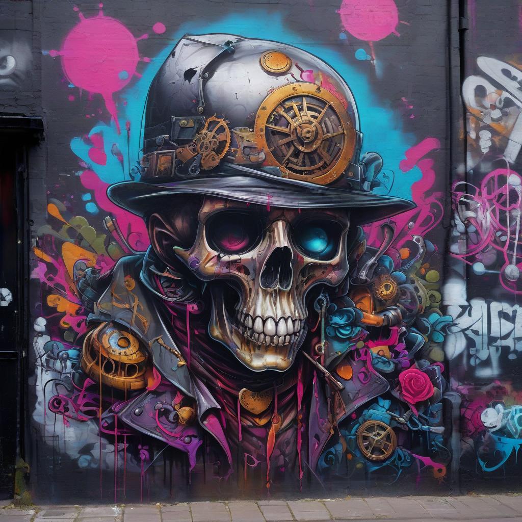  graffiti style sur, goth, steampunk, death. . street art, vibrant, urban, detailed, tag, mural