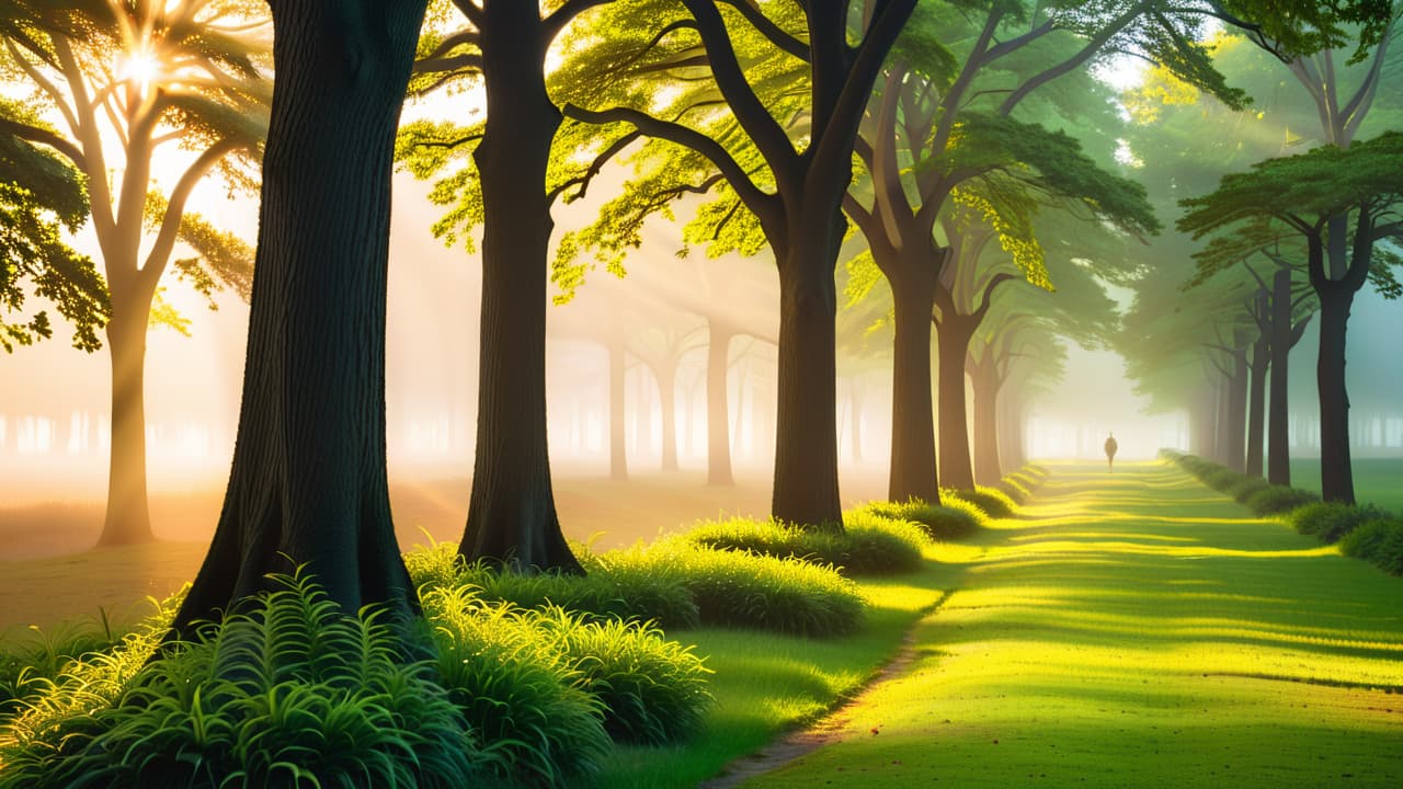  a serene landscape featuring five distinct trees, each representing a goal element: clarity, challenge, commitment, feedback, and time. soft sunlight filters through, illuminating vibrant leaves and creating a peaceful, inspiring atmosphere. hyperrealistic, full body, detailed clothing, highly detailed, cinematic lighting, stunningly beautiful, intricate, sharp focus, f/1. 8, 85mm, (centered image composition), (professionally color graded), ((bright soft diffused light)), volumetric fog, trending on instagram, trending on tumblr, HDR 4K, 8K