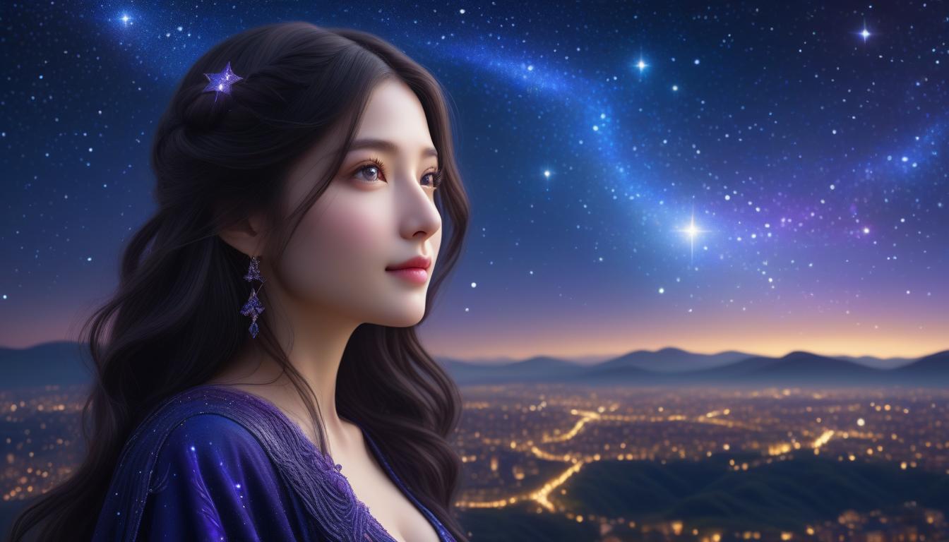  a reimagined portrait of the mona lisa set against a starry night sky. the iconic figure is depicted looking directly at the viewer with her enigmatic smile, as swirling stars and galaxies illuminate the dark blue sky behind her. her expression remains calm and mysterious, but the modern setting adds a touch of wonder and serenity. the lighting is soft, with gentle moonlight highlighting her face and the subtle textures of her clothing. the background features a blend of deep blues, purples, and twinkling stars, creating a dreamlike atmosphere that merges the classical with the celestial. photo realistic, highly intricate and detailed, masterpiece, ultra high res,photography,8k resolution