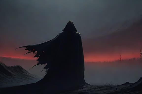  a dark figure warrior stands in the foreground, cloaked in a tattered black cloak that billows dramatically in the wind. the armor is intricate, featuring sharp edges and metallic textures that reflect the faint light. their face is partially obscured, but piercing red glowing eyes shine through the shadowy darkness, radiating an aura of fearlessness. in the blurred background, the silhouettes of castle ruins loom ominously, shrouded in mist, creating an eerie and mysterious atmosphere. the scene is set at twilight, with hints of a moon peeking through the clouds, casting shadows that dance around the warrior.