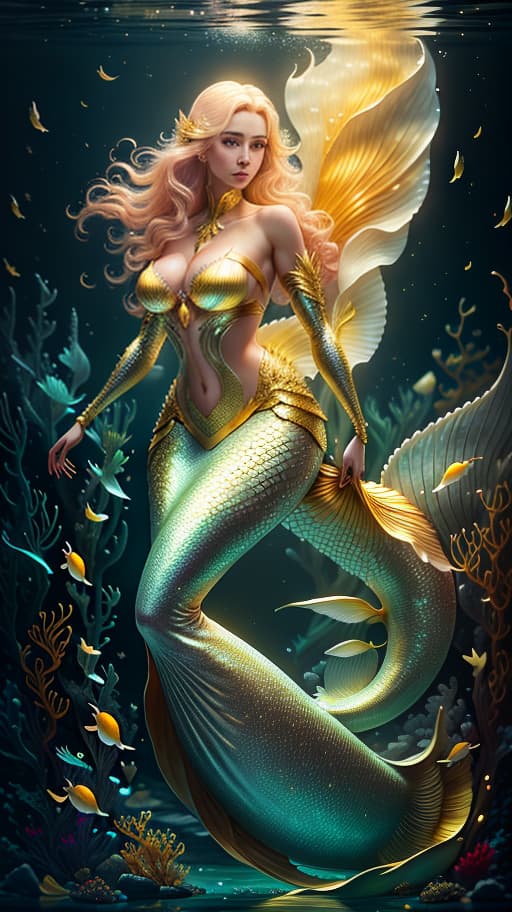  mermaid with a yellow tail hyperrealistic, full body, detailed clothing, highly detailed, cinematic lighting, stunningly beautiful, intricate, sharp focus, f/1. 8, 85mm, (centered image composition), (professionally color graded), ((bright soft diffused light)), volumetric fog, trending on instagram, trending on tumblr, HDR 4K, 8K