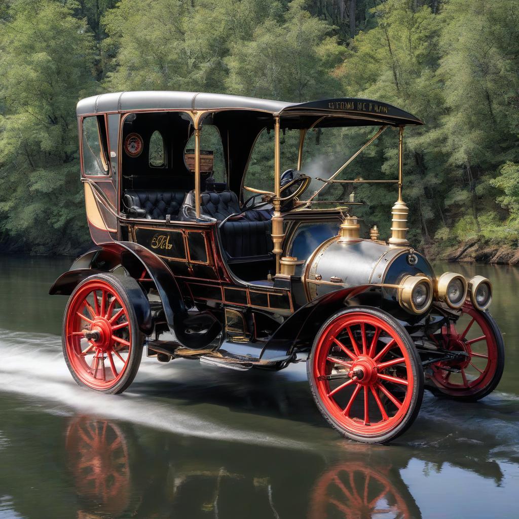  an antique steam car on a river ferry.