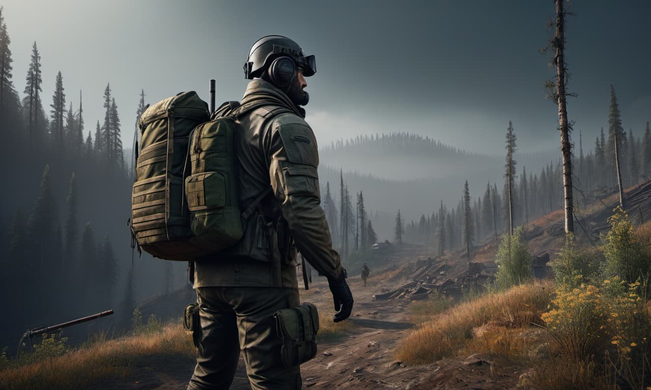  dystopian style escape from tarkov the man holds the gaiger counter. with backpacks against the back of the wooden hills . bleak, post apocalyptic, somber, dramatic, highly detailed hyperrealistic, full body, detailed clothing, highly detailed, cinematic lighting, stunningly beautiful, intricate, sharp focus, f/1. 8, 85mm, (centered image composition), (professionally color graded), ((bright soft diffused light)), volumetric fog, trending on instagram, trending on tumblr, HDR 4K, 8K