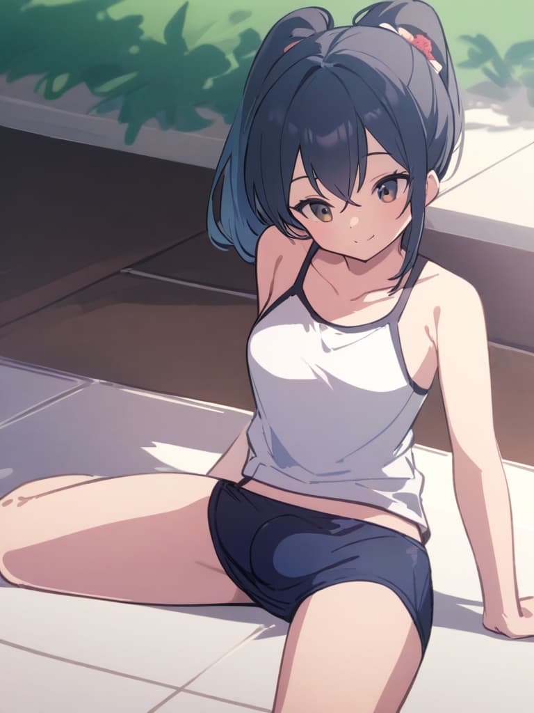  women's elementary students (male), twin tails, cute smiles, (rich s), short stature, dark blue swimwear, old swimwear, swimwear, simple, (upward), upward, (bulge), front, whole body, pool side ,,,