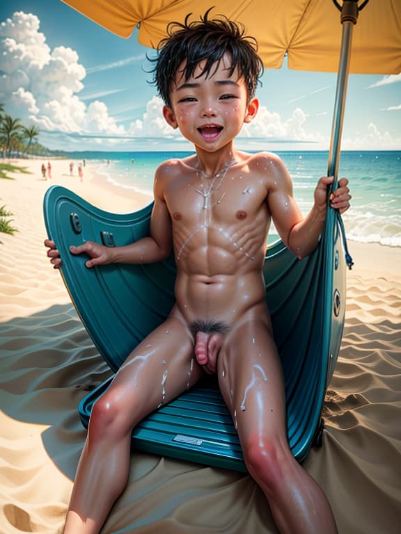  master piece, best quality, ultra detailed, highres, 4k.8k, Young boy, Playing in the sand, splashing in the water, Happy and carefree, BREAK A day at the beach, Nudist beach, Bucket and spade, beach ball, towel, BREAK Relaxed and sunny, Glistening water, warm sunlight,
