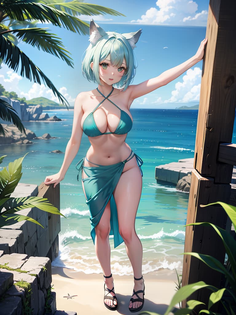  masterpiece,highres,((v ray render)),sense of depth,wide view,outdoors,beach,horizon,blue sky,solo,(,wolf ,wolf ears,wolf tail),intelligence,powerful,joyfull,pure white skin,glossy skin,short hair,bob cut,pastel green hair,healthy,curvy,full ,narrow waist,toned arms,legs,swim outfit,separate ,,aqua ,halterneck,criss cross halter,sarong, sarong,standing,bent over,arched back,groin,sandal,