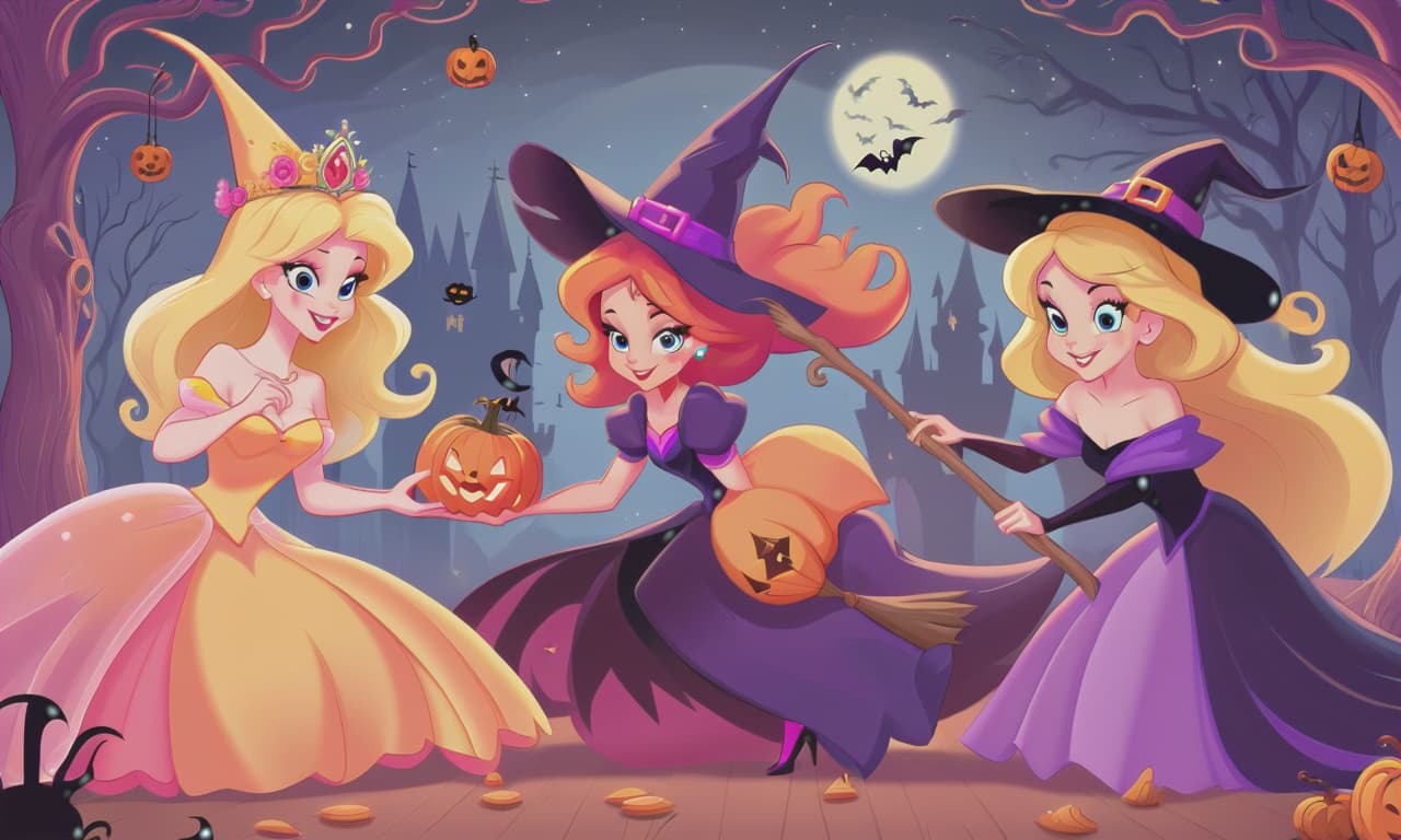  cartoon princesses playing with witches