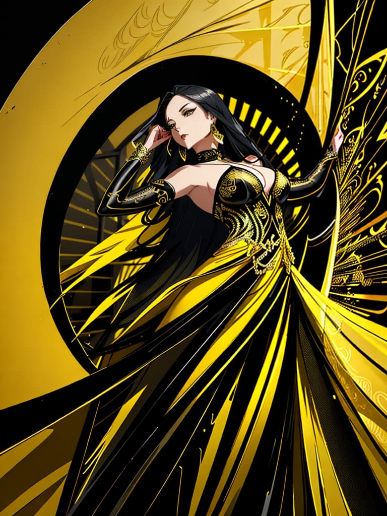  Golden yellow and sleek black color palette, captivating and inviting expression, exuding elegance and charm, magnetic beauty, intricate details, high contrast, luxurious feel, digital art, female, glossy finish, striking composition, dynamic lighting to enhance features.