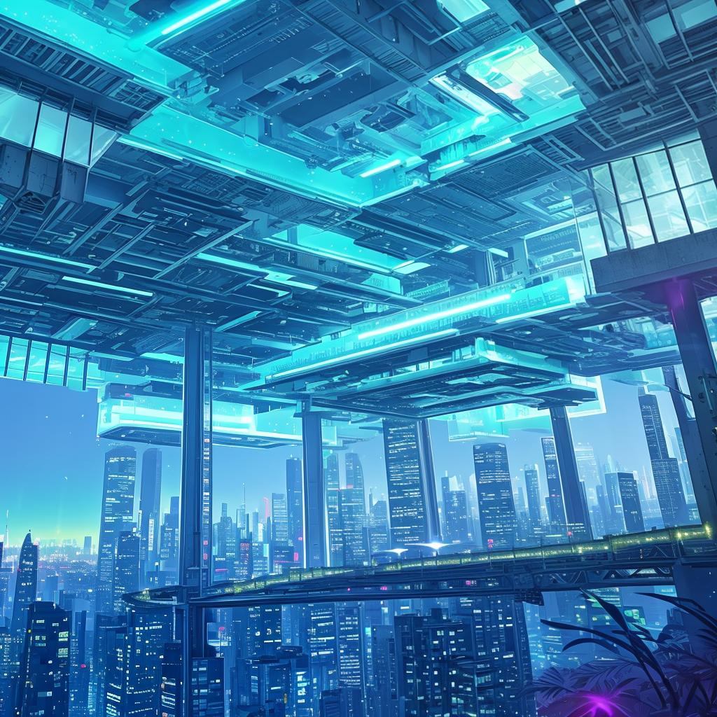  with vibrant abstract elements, A futuristic cityscape with floating, bioluminescent trees and flying cars