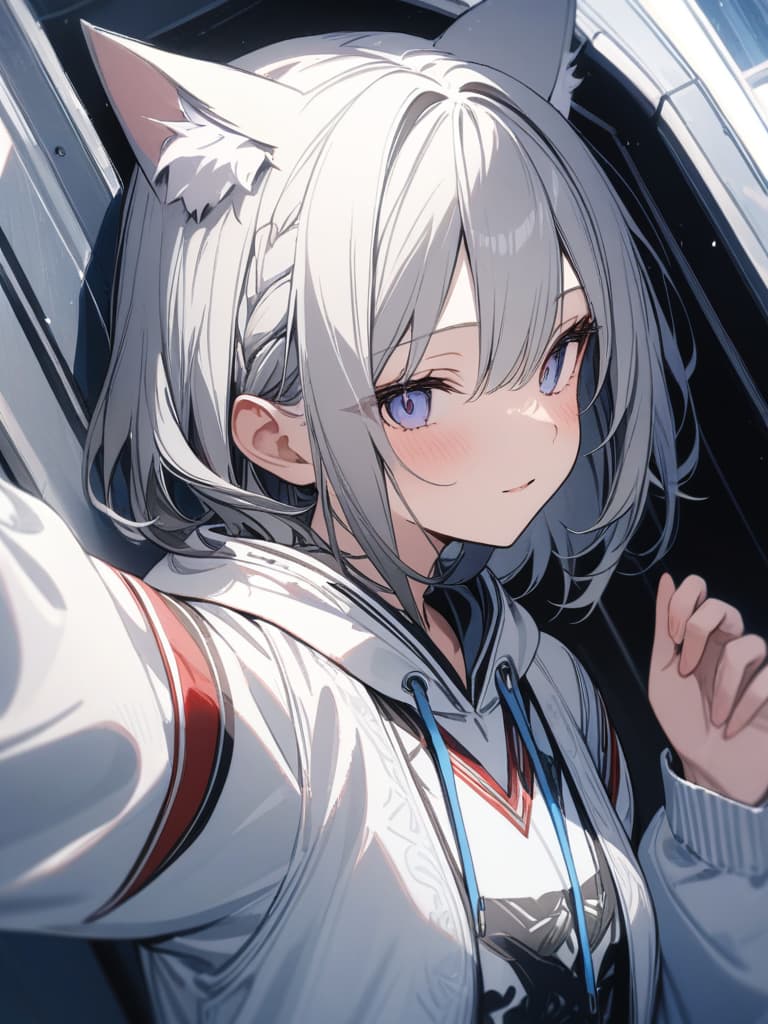  gray hair, short hair, cat ears, girls, white hoodies, one, upper body, masterpiece, best quality,8k,ultra detailed,high resolution,an extremely delicate and beautiful,hyper detail