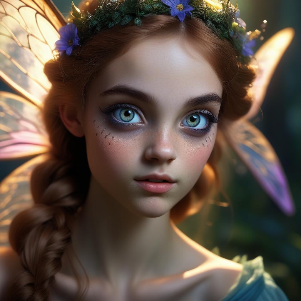  close up portrait of a beautiful female fairy with large eyes and fine features. 2k image