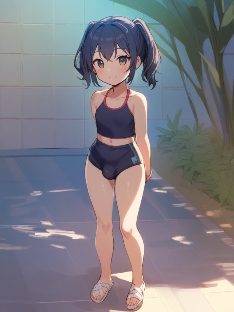  women's elementary students (male), twin tails, cute smiles, (rich s), low stature, dark blue swimwear, old swimwear, , simple (upward), male , (bulge), shaped clear , front , whole body, pool side,