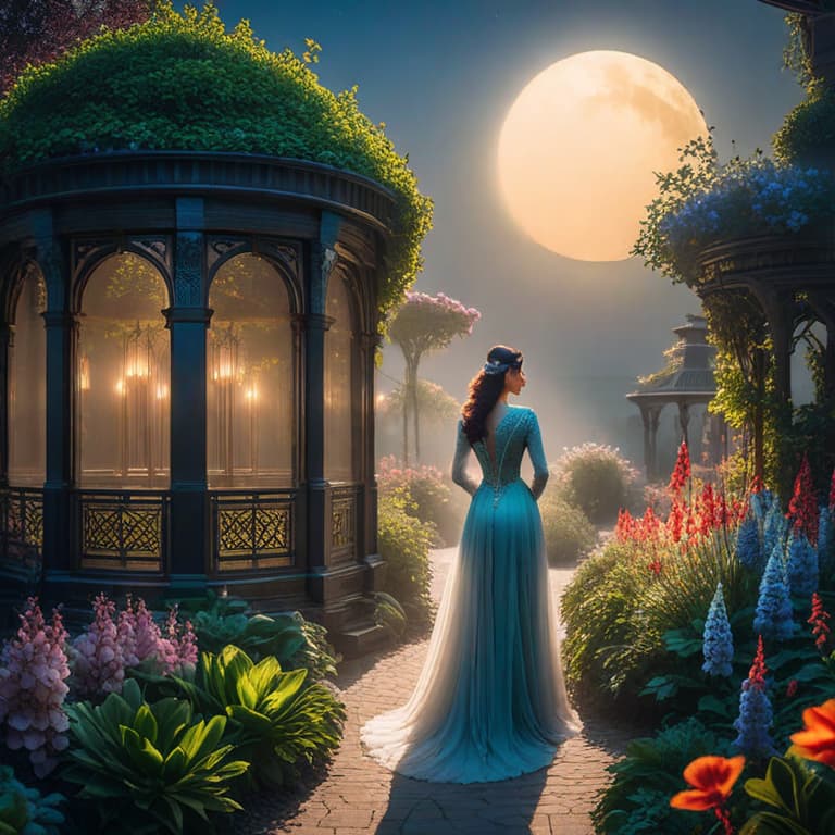  enchanted secret garden under moonlight, fantasy illustration style. flowers emit ethereal glow, moonlight amplifies magical ambiance, shadows and light play. close up on glowing flowers, soft magical lighting for a surreal, tranquil garden scene. high resolution, focus on serene, mystical garden beauty. hyperrealistic, full body, detailed clothing, highly detailed, cinematic lighting, stunningly beautiful, intricate, sharp focus, f/1. 8, 85mm, (centered image composition), (professionally color graded), ((bright soft diffused light)), volumetric fog, trending on instagram, trending on tumblr, HDR 4K, 8K