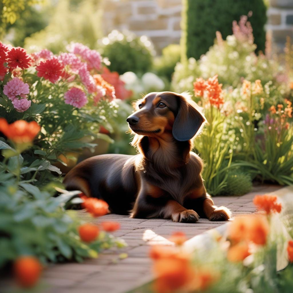  masterpiece, best quality, A close-up shot of a long-haired chocolate dachshund lounging in a sunlit garden, surrounded by vibrant flowers and greenery. The dog's fur glistens in the sunlight, showcasing its rich chocolate color and silky texture. The peaceful atmosphere is enhanced by the gentle breeze rustling the leaves and the distant chirping of birds. The image exudes a sense of tranquility and natural beauty, inviting viewers to immerse themselves in the serene moment. Style: realistic with a touch of softness. Realization: Kodak Portra 400.