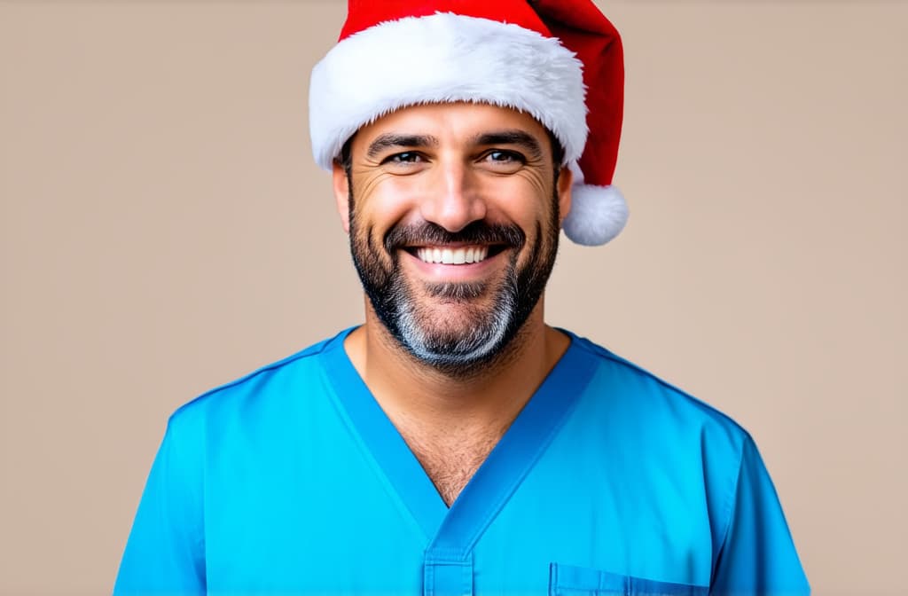  veterinarian in santa hat on light background ar 3:2, (natural skin texture), highly detailed face, depth of field, hyperrealism, soft light, muted colors