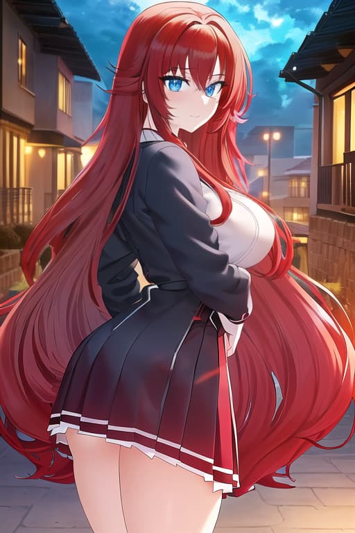  masterpiece, best quality, 1women, long red hair, looking at viewer, :3, cute, black school uniform, outdoors, streets, cowboy shot, curvy, (((blue eyes))), rias gremory, red hair, antenna hair, wavy hair, ((beautiful detailed eyes, beautiful detailed glow, lots of glow)), anime screencap