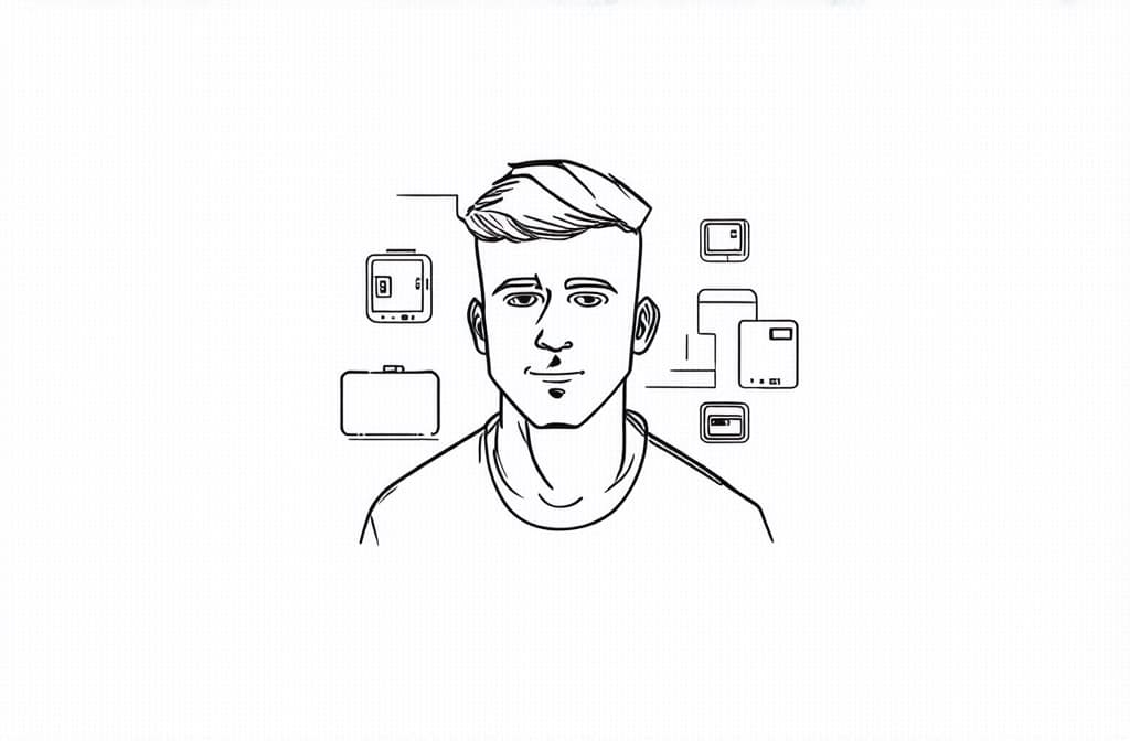  contour, very simple image in one unbroken black ink line, single line of male character surrounded by gadgets, flat design concept ar 3:2 using a single continuous black line ink brushon white background, drawing should be created without lifting the pen, recognizable features of male character surrounded by gadgets, flat design concept ar 3:2 in one unbroken line