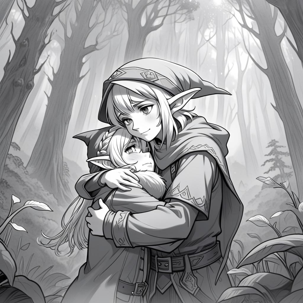  manga artwork fantasy, greyscale monochrome, manga materials, young female elf hugging elder gnome with conus hat in the middle of misty forest. manga artist. manga, highly emotional. best quality, high resolution