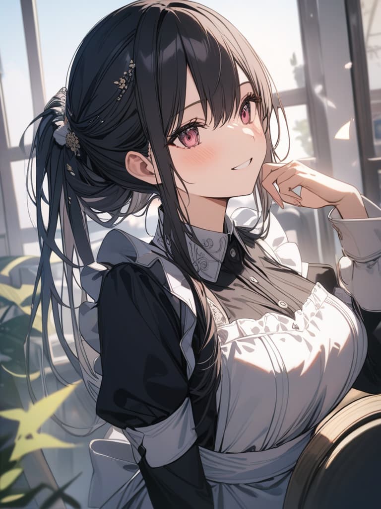  maid, gles , gles , smiling, , black hair, ided, s wearing gles, masterpiece, best quality,8k,ultra detailed,high resolution,an extremely delicate and beautiful,hyper detail