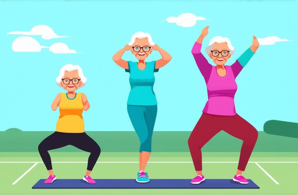  elderly people cartoon characters doing sports, practicing yoga, enjoying aerobics and gymnastics. flat illustration ar 3:2 {prompt}, maximum details