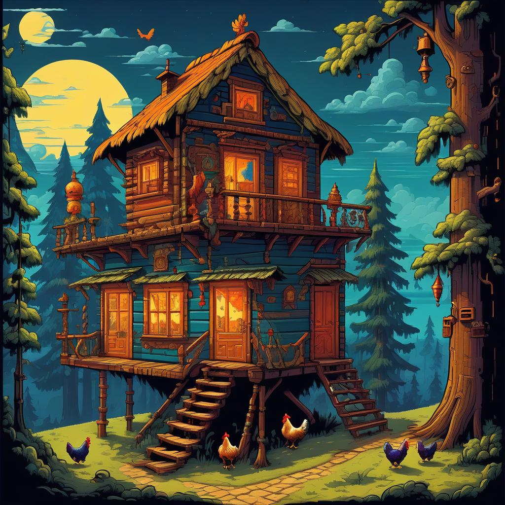  retro game art cartoon style. russian folk tales. {five story (hut on chicken legs) on each floor looks out of the window baba yaga}. . 16 bit, vibrant colors, pixelated, nostalgic, charming, fun