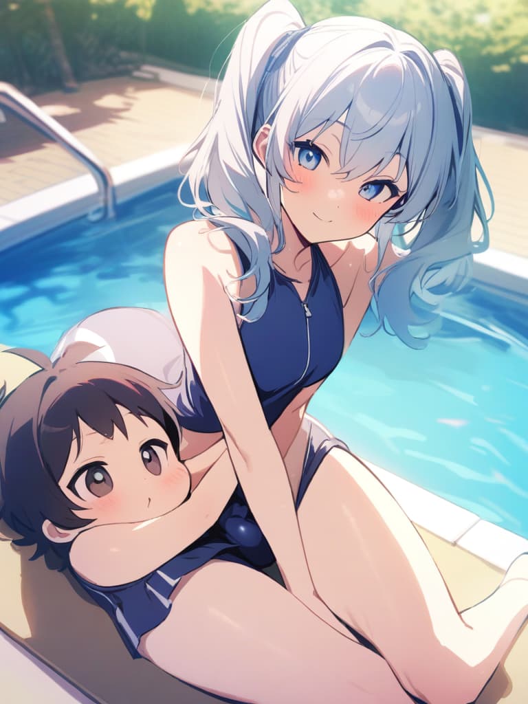  women's elementary students, twin tails, rich smiles, cute smiles, navy blue swimwear, old swimwear, swimwear, simple, male, shaped clear , shaped clear, clear stem, shaped crisp, male bulge,, front. the whole body, pool side,