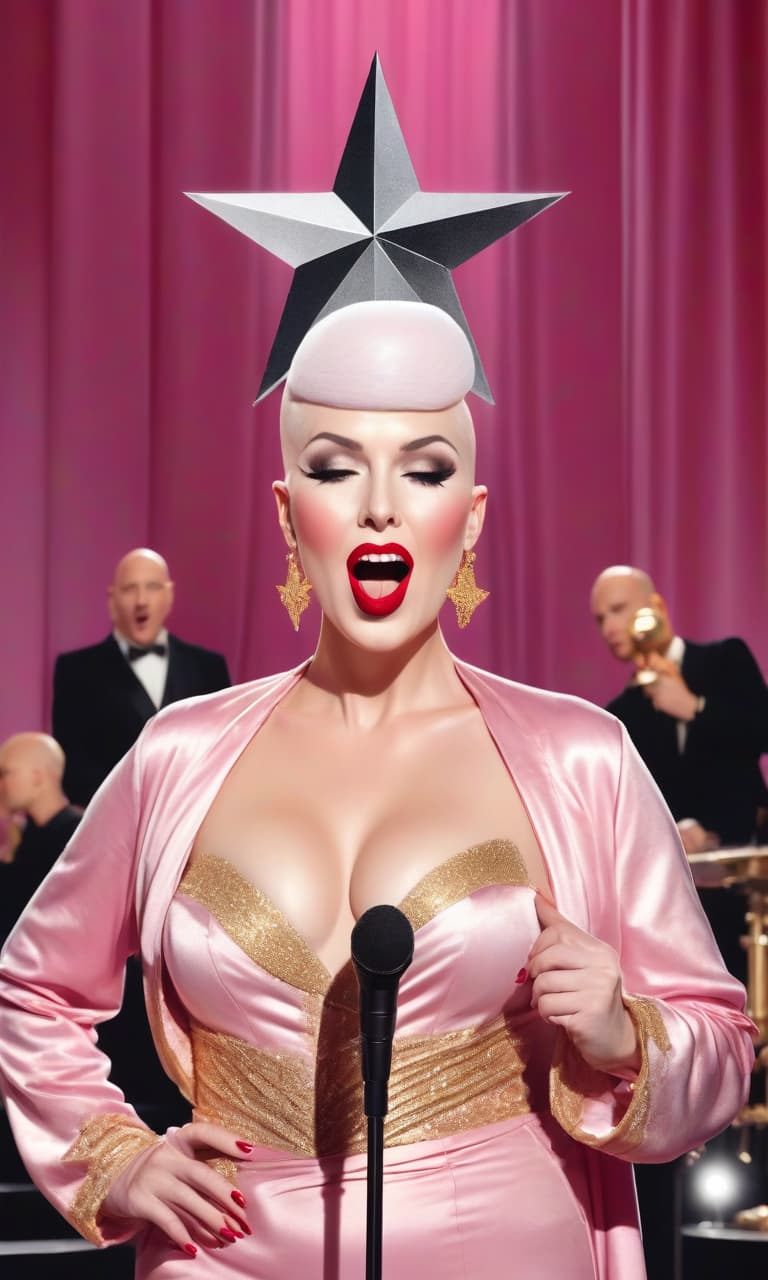  concept art pink, gold, black, white on stage, a bald woman performs red lips. there's a star on her head . digital artwork, illustrative, painterly, matte painting, highly detailed, perfect hands