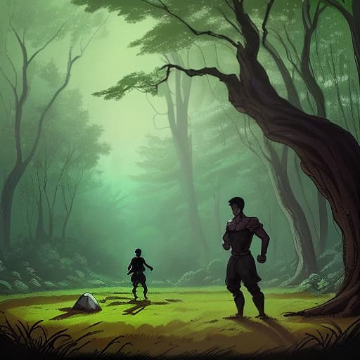  draw a scene from the fantasy world comic book, forest clearing, general stage. training ground. a field near the house. 1f. a with dark short hair tries to lift a small stone with the help of magic. there's a man standing next to him, watching.