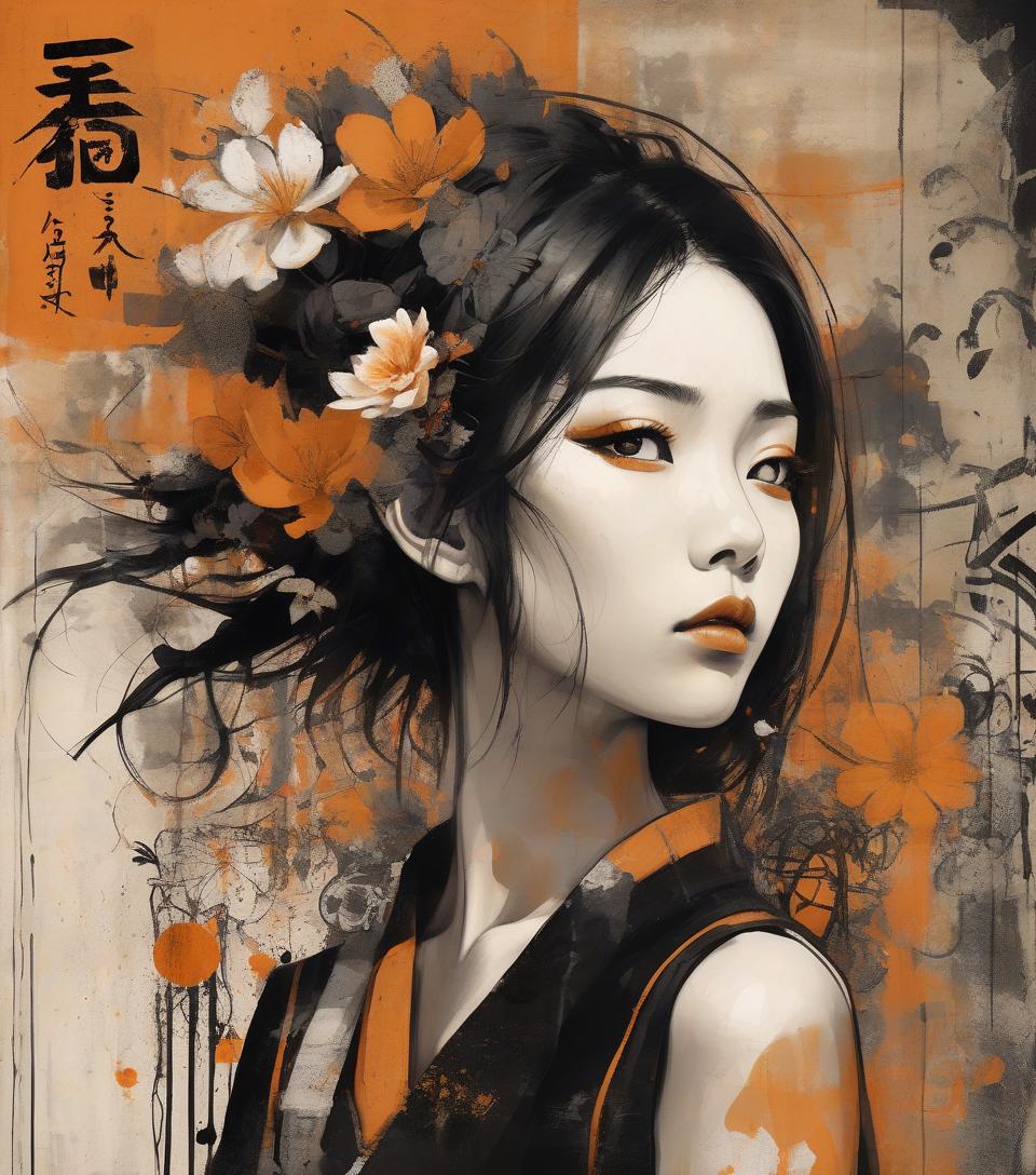  asian woman, beautiful face, black and orange color tones, wabi sabi art, abstract , punk collage , urbanpunk, flowerpunk, random textures, random graffiti strokes, kanji characters, surreal artwork, impermanence