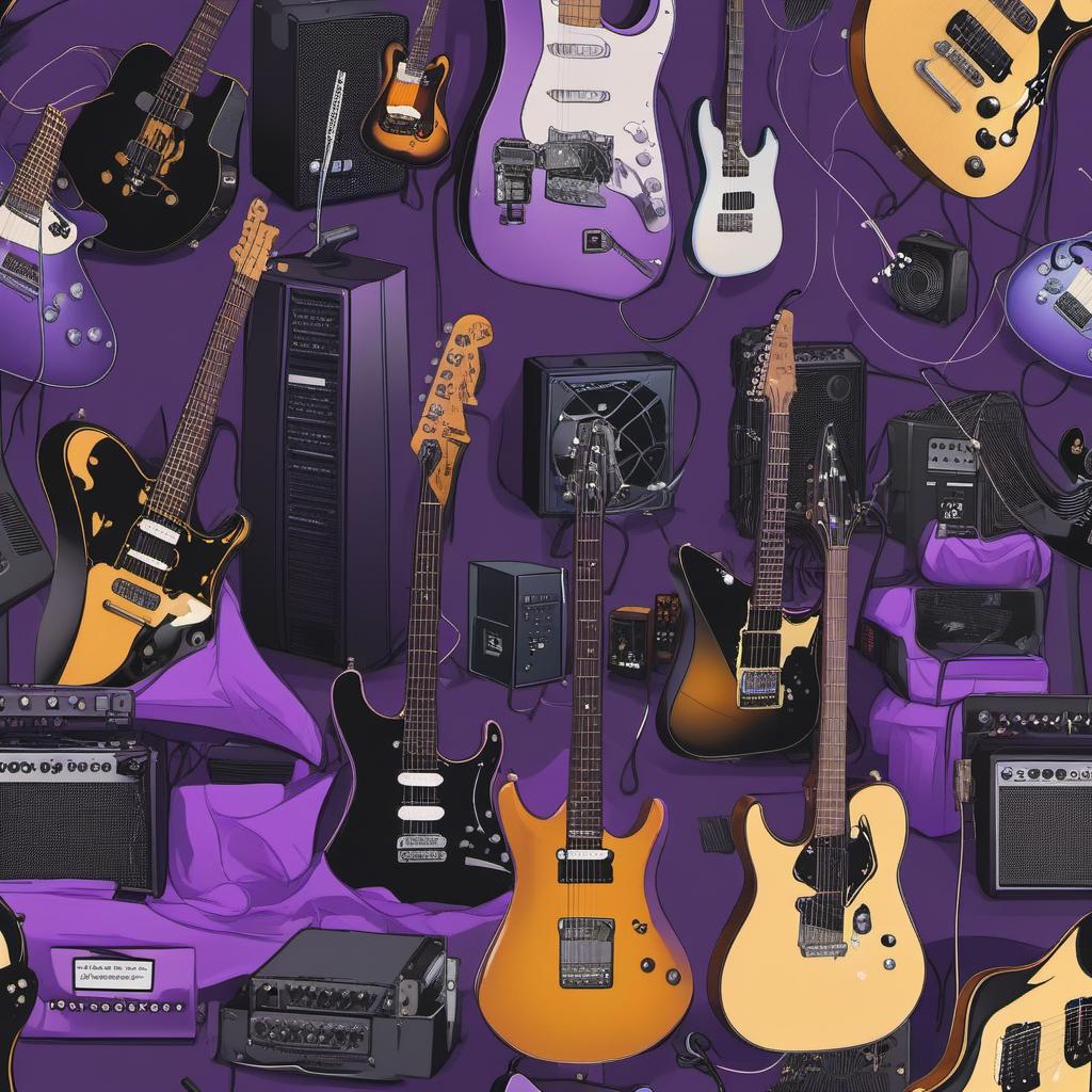  un home studio de production de musique violet avec des guitares électriques et amplificateurs , comic style, manga and manhwa style, painting style