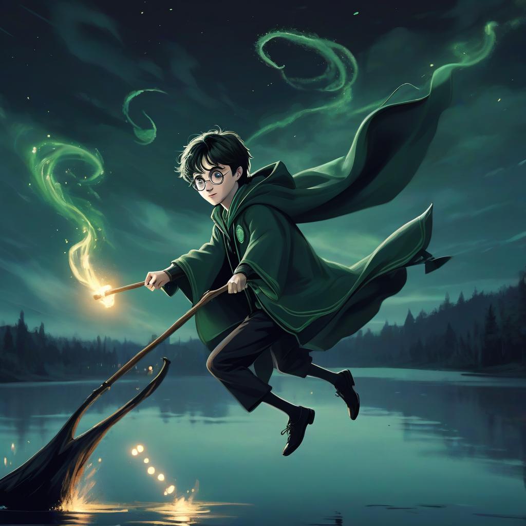  courageous harry potter, shaped like slytherin, flies on a broomstick over a black lake, night, anime style