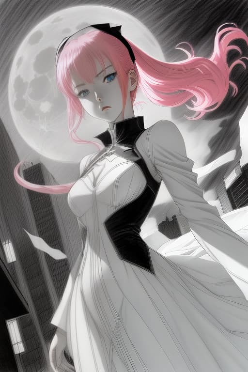  girl, pink hair, two ponytails, bright blue eyes, very pale skin, white long dress , full length ,city, scarlet moon, gloomy , dark night, 4k, detailed drawing, hyperdetalization, realism, beautiful, fantasy, sketch, manga sketch, pencil drawing, black and white, manga, manga style, low detail, line art, vector art, monochromatic, by katsuhiro otomo and masamune shirow and studio ghilibi and yukito kishiro