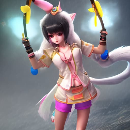 redshift style Kagura in mobile legends stylist , white hair ,yellow umbrella pink sports shoes, dress pink shirt, blue short jean , watch on left hand, cute pet wolf, white fur, walking under the rain ,