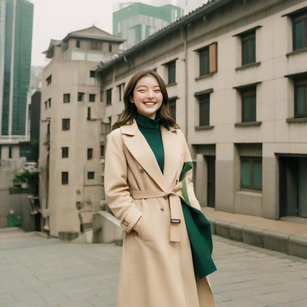  a full length brunette girl with dark green eyes on the background of buildings in south korea, smiling in a beige coat, film photography style