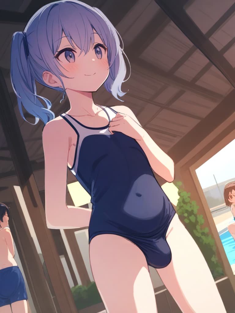  women's elementary students (male), twin tails, cute smiles, (rich s), short stature, dark blue swimwear, old swimwear, swimwear, simple, (upward), upward, (bulge), front, whole body, pool side ,,,