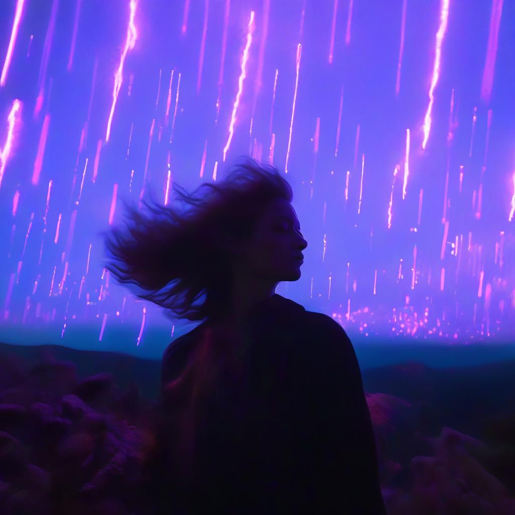  a woman with her hair blowing in the wind, frequency indie album cover, dark moody purple lighting, lo fi, petra collins, photo [ far ], by kathleen allen, atmospheric eerie lighting, a lonely woman, disappear, glowneon