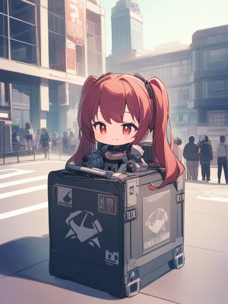  metal box type robot, toy type, girl robotization, twin tails, cute smiles, whole body, city ground,